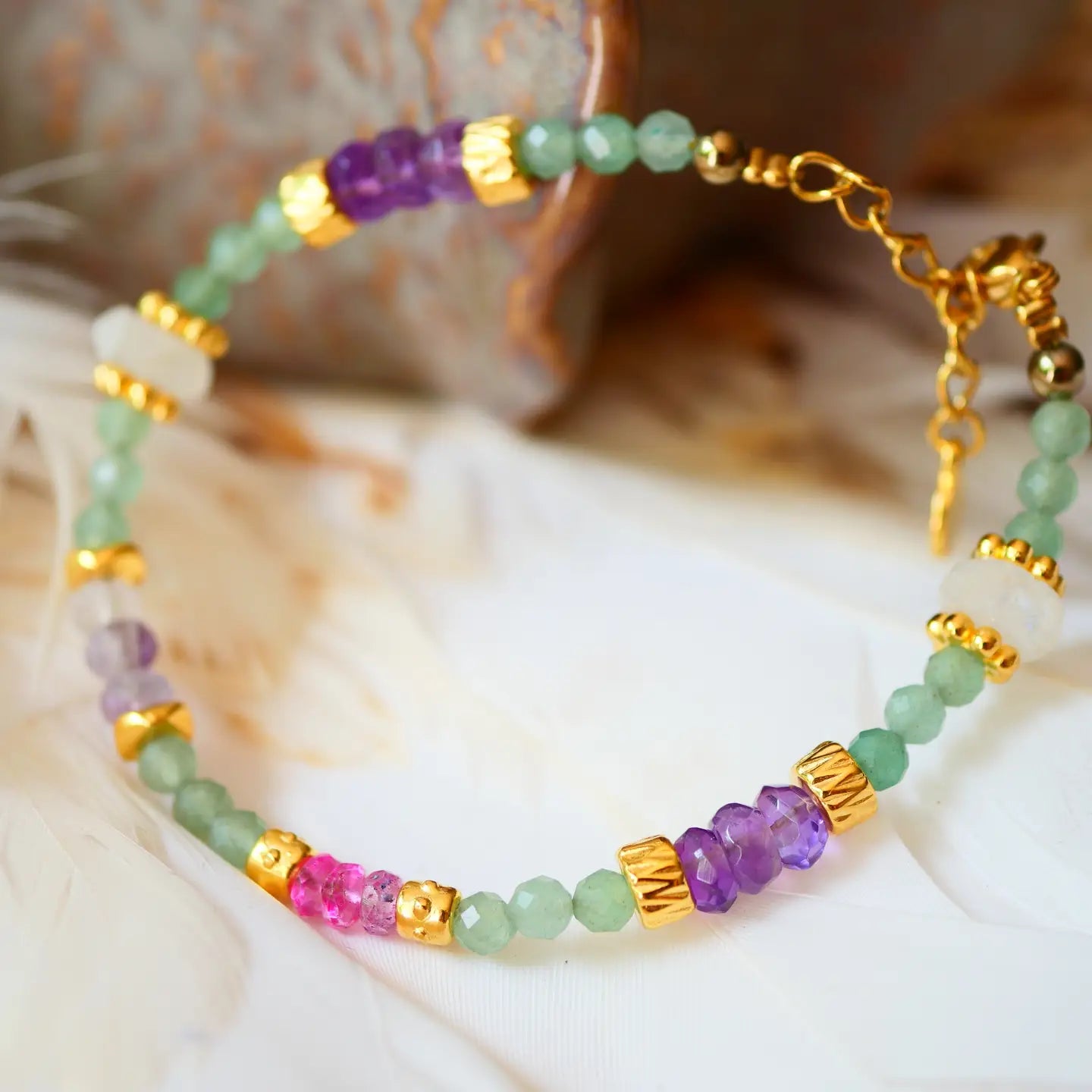 Armband Aventurin, Mondstein, Amethyst & Topas