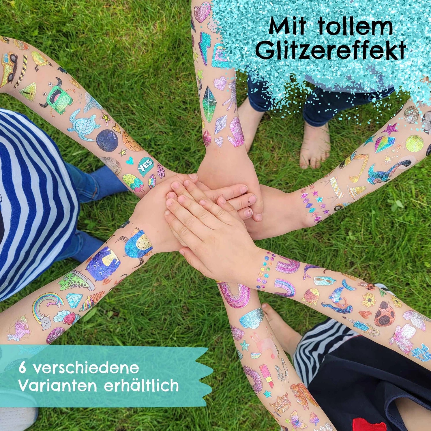 Glitzer Kindertattoos – Dinos, Astronauten, Bagger & Monster