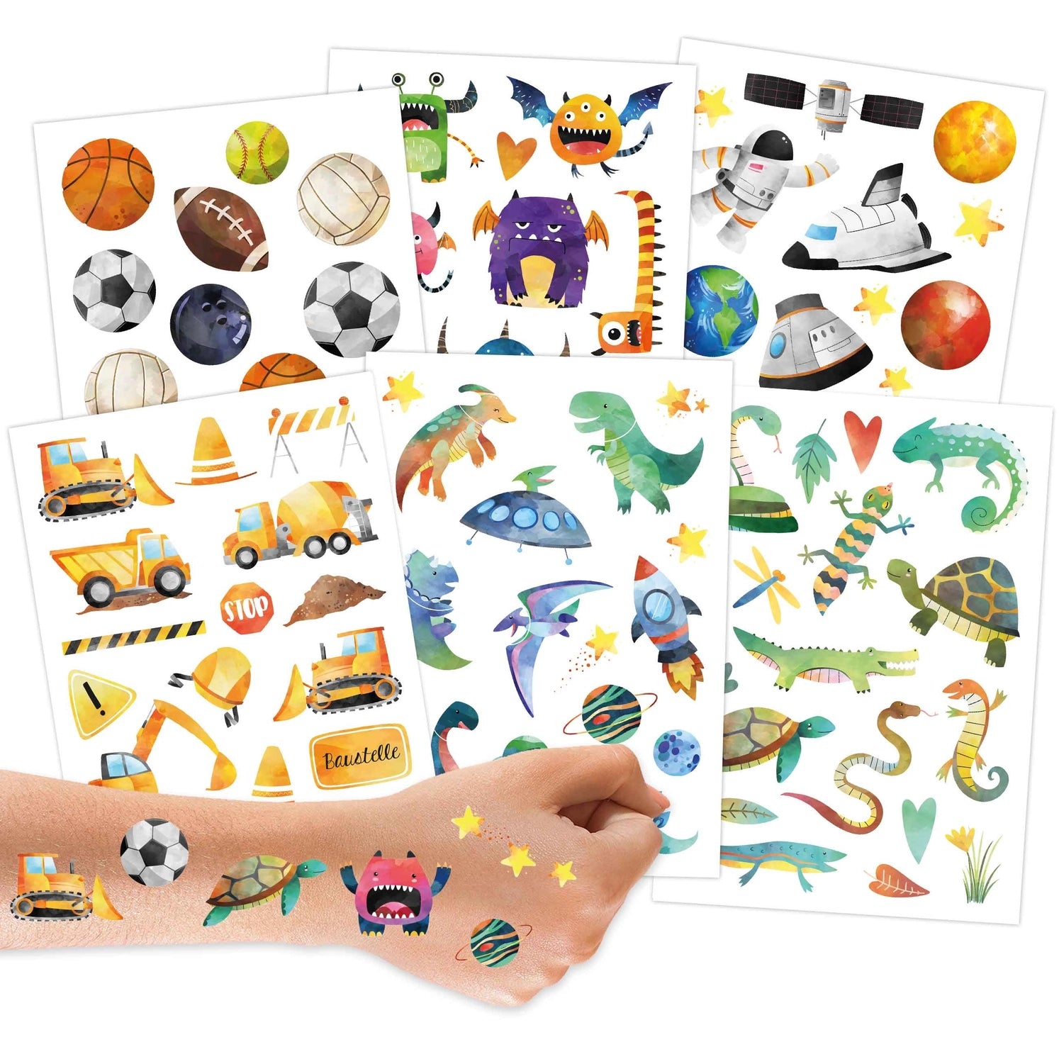 Glitzer Kindertattoos – Dinos, Astronauten, Bagger & Monster