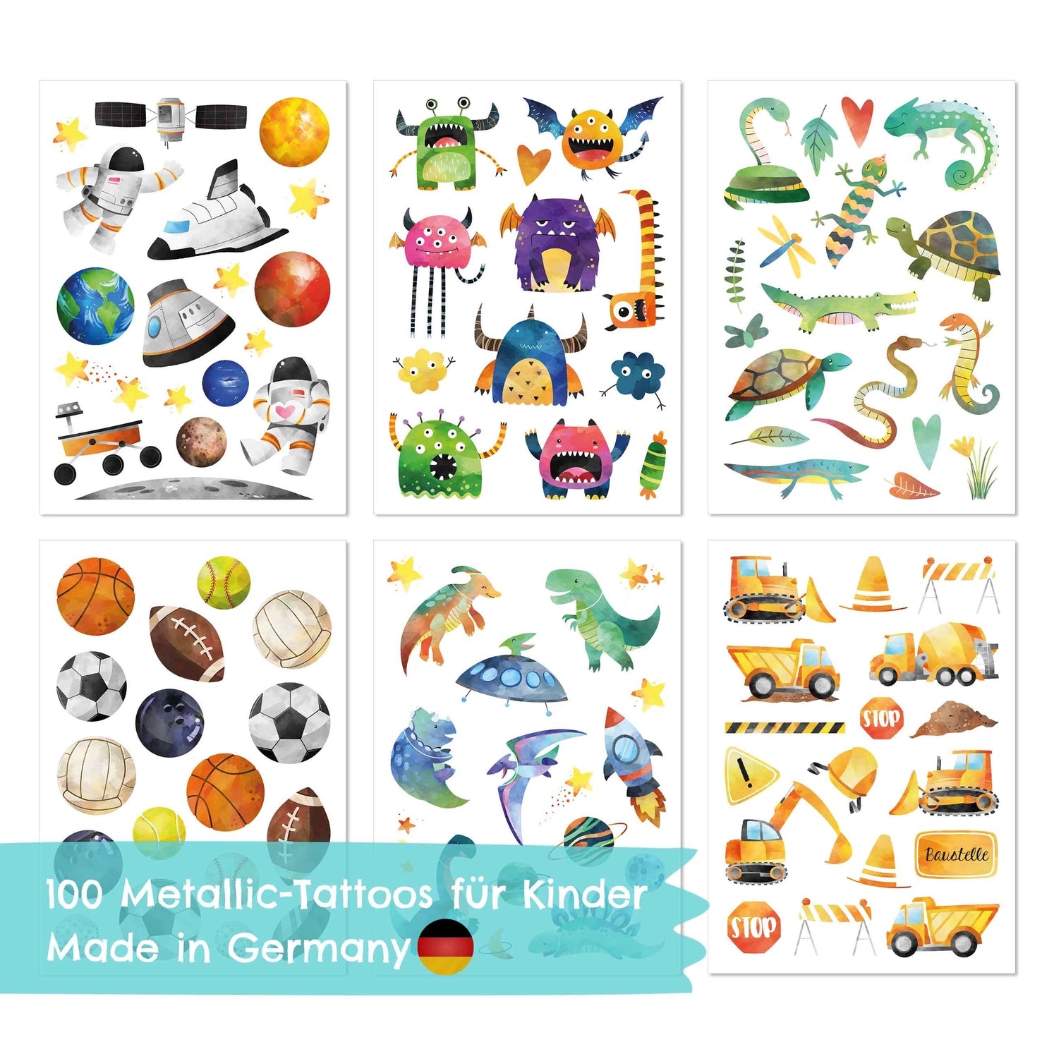 Glitzer Kindertattoos – Dinos, Astronauten, Bagger & Monster